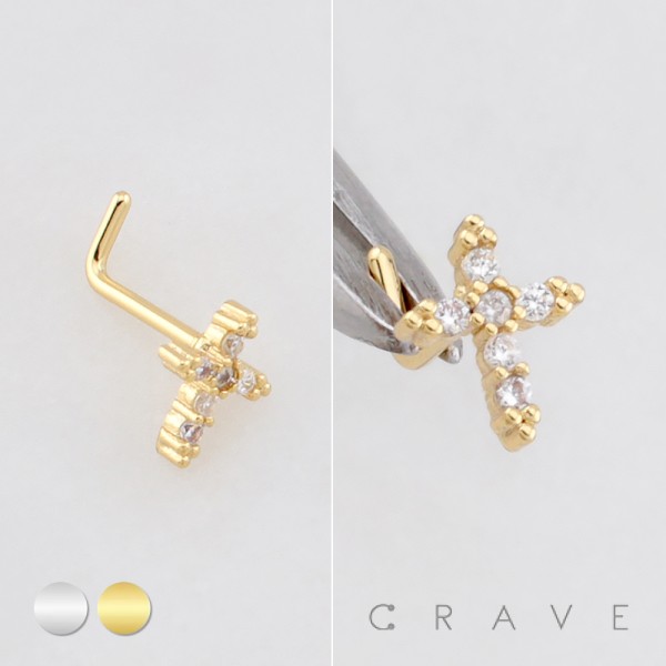 MULTI CZ CROSS CRUCIFIX  316L SURGICAL STEEL L-SHAPE NOSE RING
